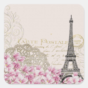 Pegatina Cuadrada Tarjeta Postal Vintage de París y Florales Rosas