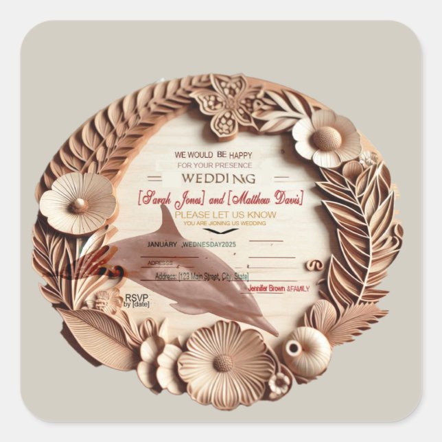 Pegatina Cuadrada tarjeta rsvp de boda (Anverso)