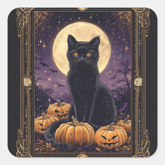 Pegatina Cuadrada Tarjeta tarot con temática de Halloween con gato n (Anverso)