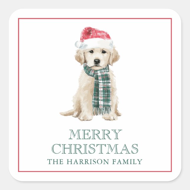 Pegatina Cuadrada Tarjetas de regalo de perros de Navidad lindos (Anverso)