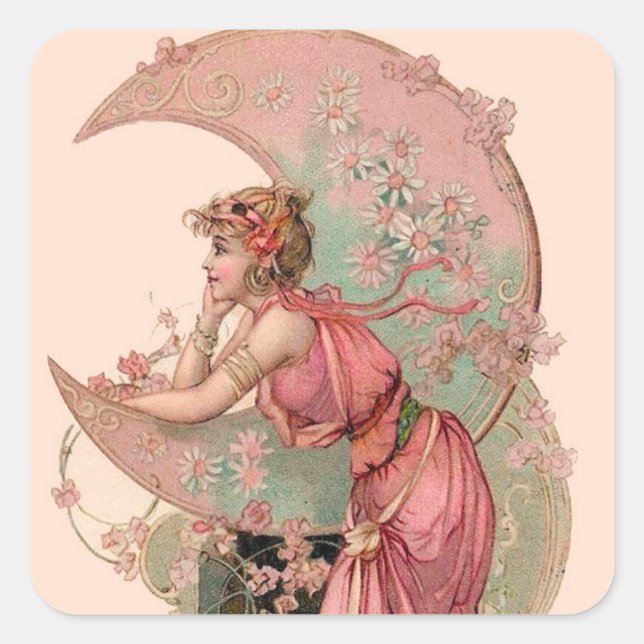 PEGATINA CUADRADA TAROS/ DAMA DE LA LUNA CON FLORES EN ROSA (Anverso)