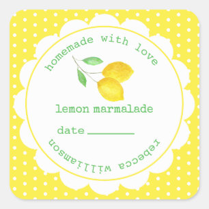 Pegatina Cuadrada Tarrito de Mermelada Casera Personalizada de Limón