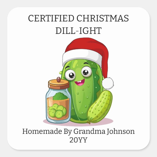 Pegatina Cuadrada Tarro de encurtido de Navidad Dill‑ight Holiday (Anverso)
