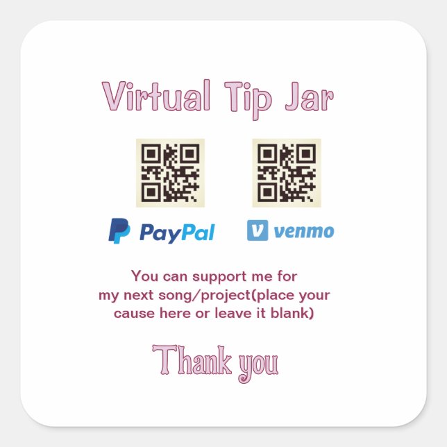 Pegatina Cuadrada tarro de propinas virtual código q r donación de d (Anverso)