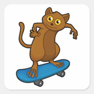Pegatina Cuadrada Tarsier como Skater con Skateboard