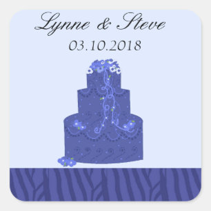 Pegatina Cuadrada Tarta de Boda Azul Real Save the Date