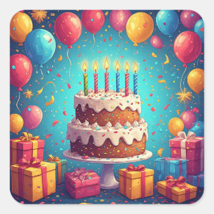 Pegatina Cuadrada Tarta de Celebración de Cumpleaños con Confeti Col