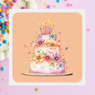 Pegatina Cuadrada Tarta de Cumpleaños Colorida Clásica Moderna