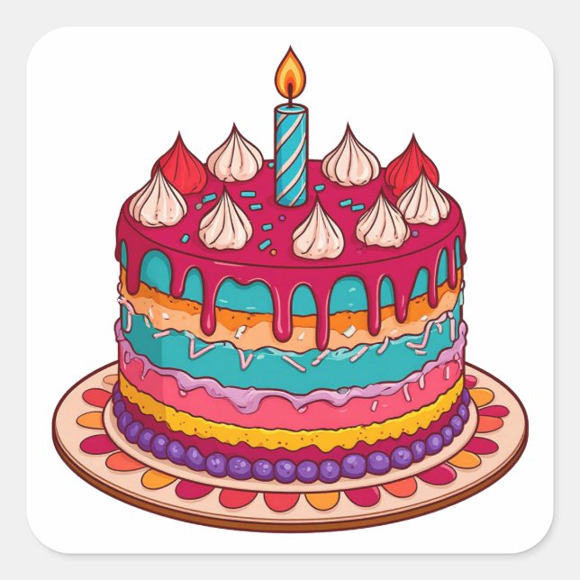 Pegatina Cuadrada Tarta de cumpleaños colorida con vela (Anverso)