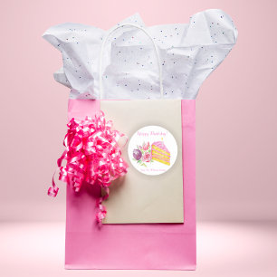 Pegatina Cuadrada Tarta de cumpleaños con glaseado rosa acuarela