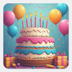 Pegatina Cuadrada 🎂 Tarta De Cumpleaños Con Regalos Y Globos