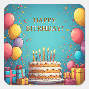 Pegatina Cuadrada Tarta De Cumpleaños Con Velas Y Globos Fondo
