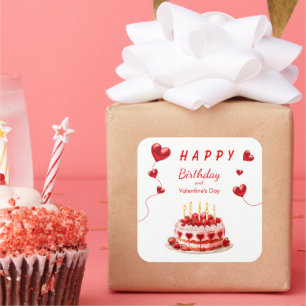 Pegatina Cuadrada Tarta de cumpleaños del día de San Valentín