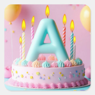 Pegatina Cuadrada 🎂 Tarta de Cumpleaños Letra A Velas Tema Niños