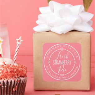 Pegatina Cuadrada Tarta De Fresa Fresca Casera Moderna Rústica Rosa