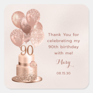 Pegatina Cuadrada Tarta de oro rosa para el 90 cumpleaños, gracias