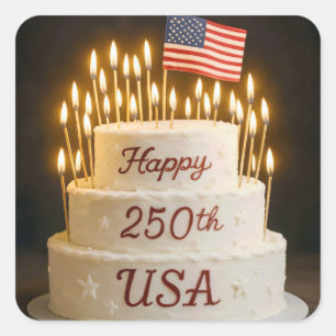 Pegatina Cuadrada Tarta del 250 cumpleaños con bandera americana