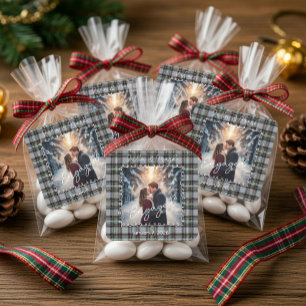 Pegatina Cuadrada Tartan Personalizado para Fotos de Compromiso de I