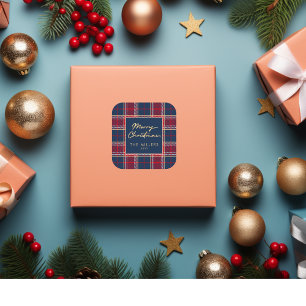 Pegatina Cuadrada Tartan Plaid Rojo Azul Marino Moderno Elegante Min