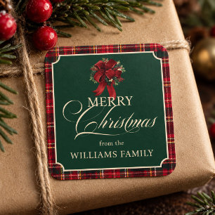 Pegatina Cuadrada Tartan Plaid Vintage Navidad Nombre Personalizado