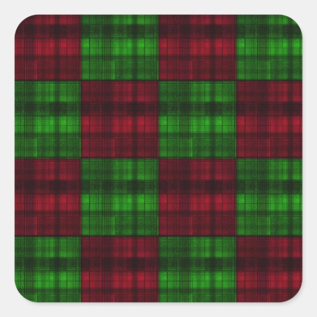 Pegatina Cuadrada Tartán rojo y verde navidad. (Anverso)