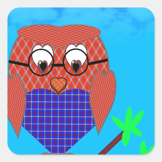 Pegatina Cuadrada Tartán y búho cardíaco (Anverso)