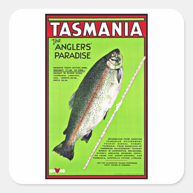 Pegatina Cuadrada Tasmania Australia Anglers Paraíso de pesca (Anverso)