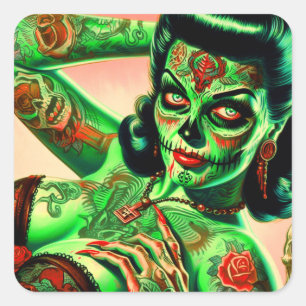 Pegatina Cuadrada Tattoed Zombie Pin-up