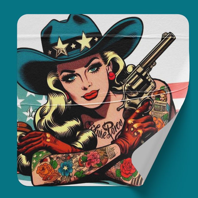Pegatina Cuadrada Tattooed Cowgirl Pin up (Subido por el creador)