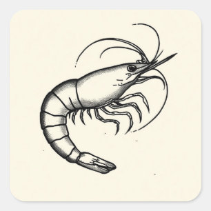 Pegatina Cuadrada Tatuaje Flash de Camarón en Blanco y Negro Arte Tr