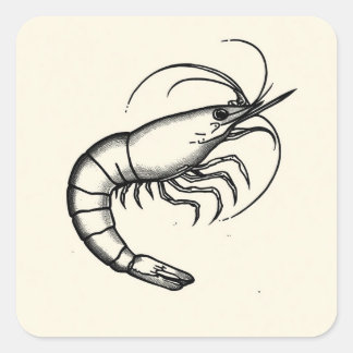 Pegatina Cuadrada Tatuaje Flash de Camarón en Blanco y Negro Arte Tr