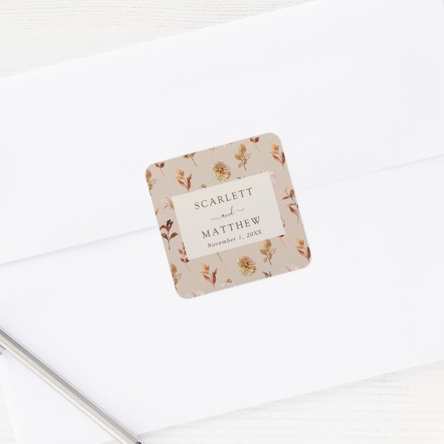 Pegatina Cuadrada Taupe Autumn deja Boda (Taupe Autumn Leaves Wedding Square Sticker by Painted Paperie
)
