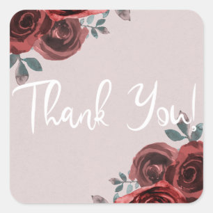 Pegatina Cuadrada Taupe Burgundy Watercolor Rosas Greenery Boda