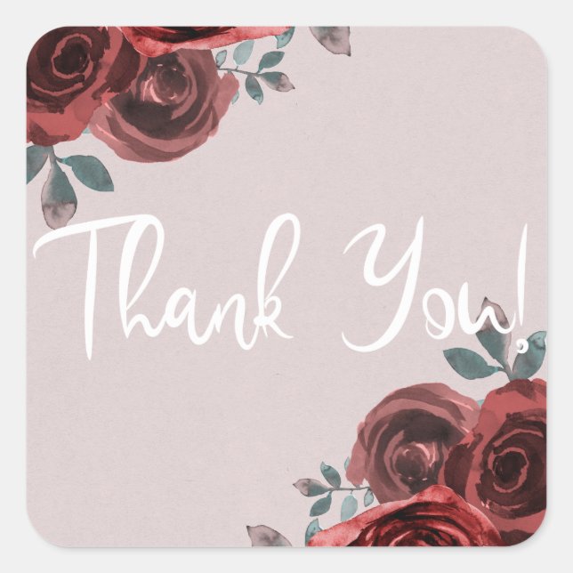 Pegatina Cuadrada Taupe Burgundy Watercolor Rosas Greenery Boda (Anverso)