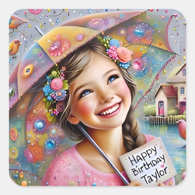 Pegatina Cuadrada TAYLOR ~ CUMPLEAÑOS FELIZ ~ paraguas ~ (Anverso)
