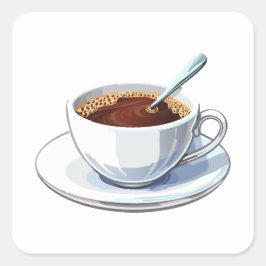 Pegatina Cuadrada Taza de café blanca en un platillo llena de café