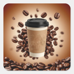 Pegatina Cuadrada Taza de café flotante con granos de café