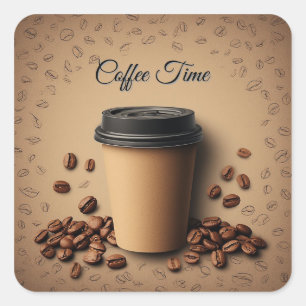 Pegatina Cuadrada Taza de café flotante con granos de café