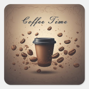 Pegatina Cuadrada Taza de café flotante con granos de café