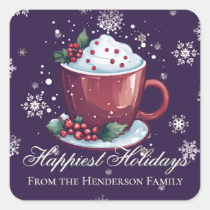 Pegatina Cuadrada Taza de Chocolate Caliente de Navidad Púrpura
