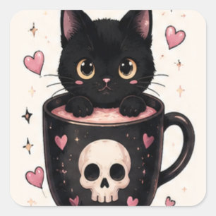 Pegatina Cuadrada Taza de cráneo lindo gato negro Halloween