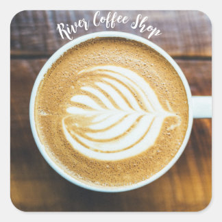 Pegatina Cuadrada Taza de espuma de forma de latte de café con nombr