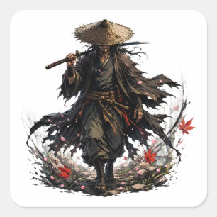 Pegatina Cuadrada Taza de Ronin Errante Místico Guerrero Samurái e