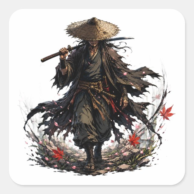 Pegatina Cuadrada Taza de Ronin Errante Místico | Guerrero Samurái e (Anverso)