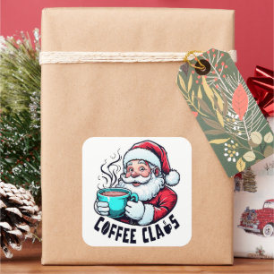 Pegatina Cuadrada Taza de té azul caliente de Santa Claus del café