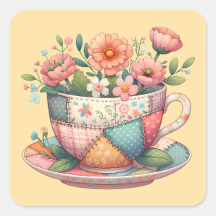Pegatina Cuadrada Taza de té de patchwork con flores caprichosas