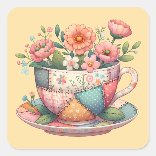 Pegatina Cuadrada Taza de té de patchwork con flores caprichosas (Anverso)