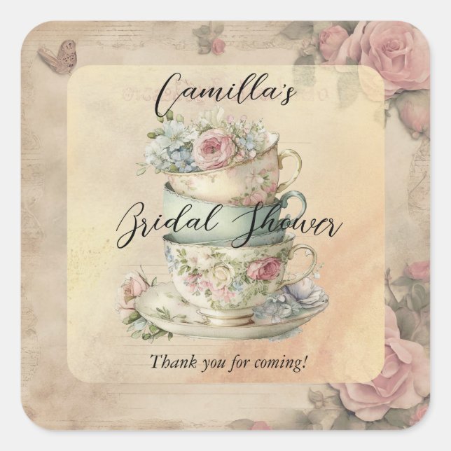 Pegatina Cuadrada Tazas de té florales apiladas Ephemera Desayuno de (Anverso)