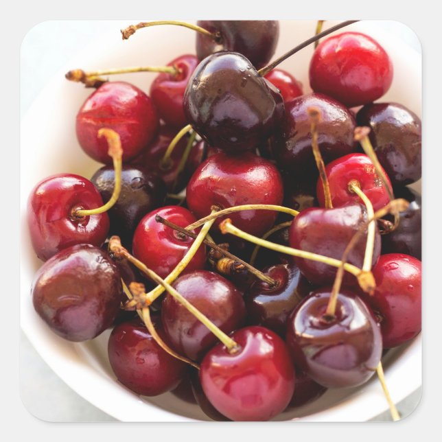 Pegatina Cuadrada tazón de cerezas (Anverso)