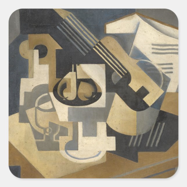 Pegatina Cuadrada Tazón de guitarra y fruta en una mesa, 1918 (Anverso)
